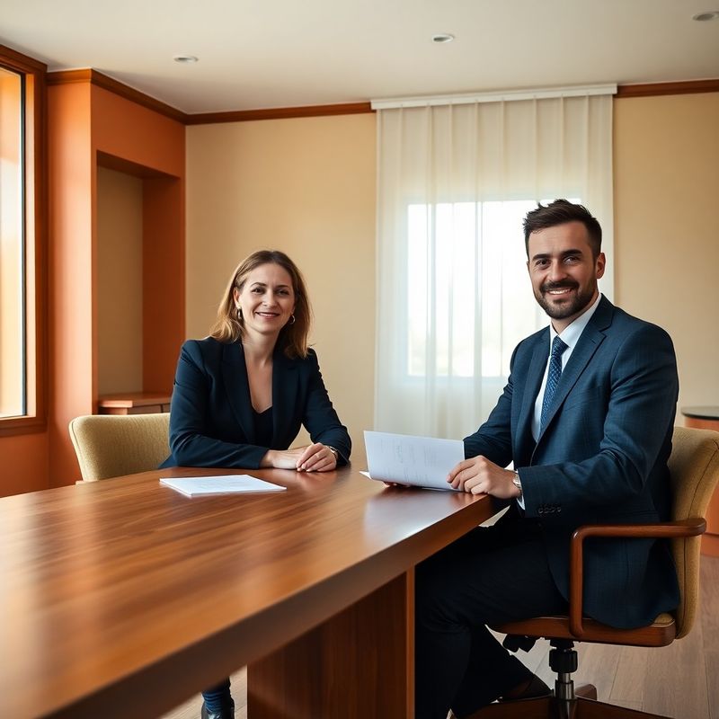 Portret dublu al fondatorilor cabinetului la o masă de conferință din lemn natural