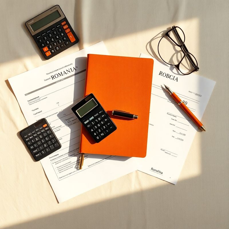 Documente fiscale, calculator și carnet teracotă pe o suprafață cremă, perspectivă de sus